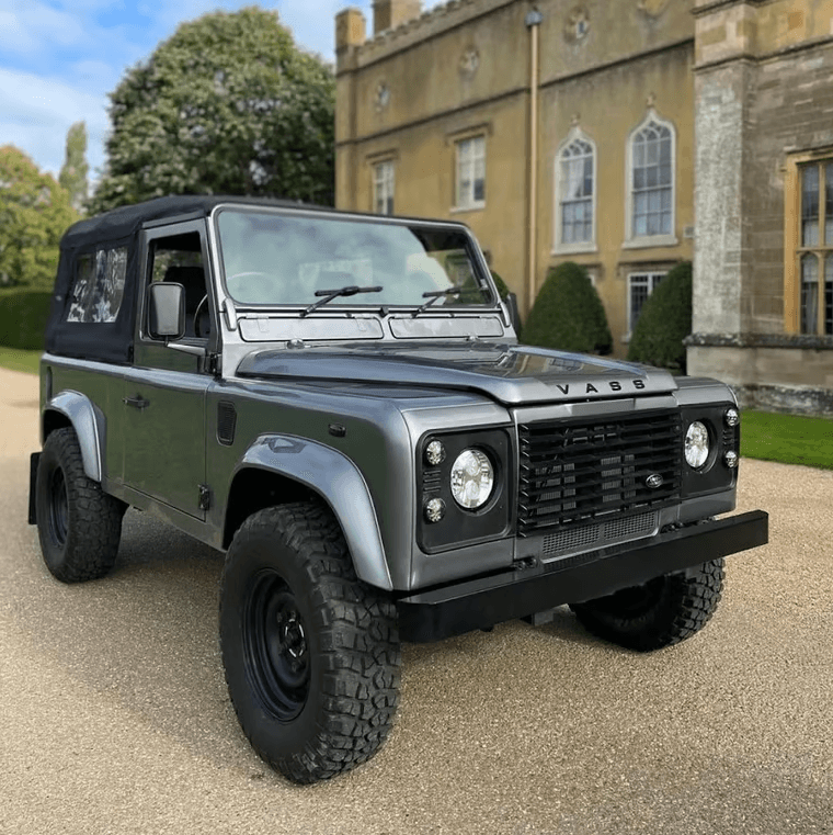 Electric Land Rover Defender 90 soft top with 83 kWh Jaguar I-Pace battery pack and Tesla Model 3 motor